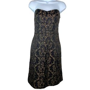 LOFT Women's Strapless Brocade Holiday Cocktail Dress Black Gold Size 6